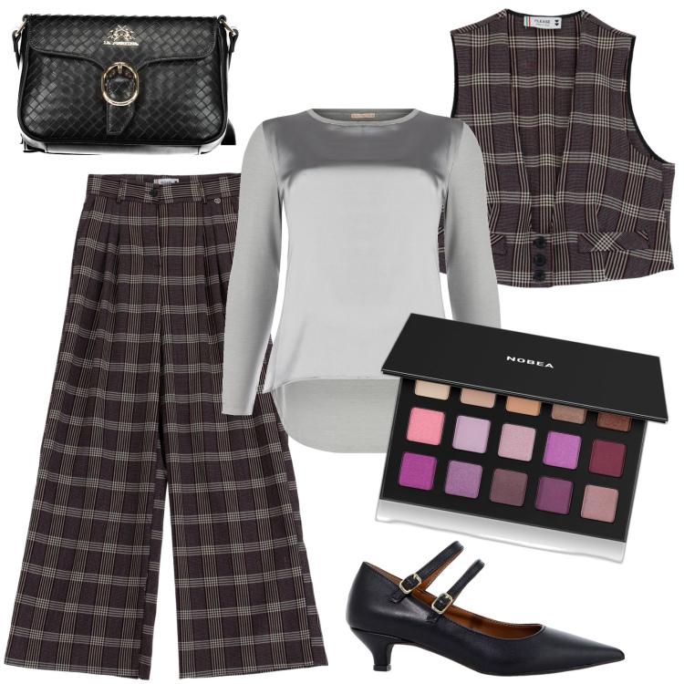 Outfit donna - Grigio: il completo principe di Galles. Stile Trendy per Ufficio. Abbinamento con ombretti, bluse, pantaloni, gilet, décolleté, borse a tracolla.