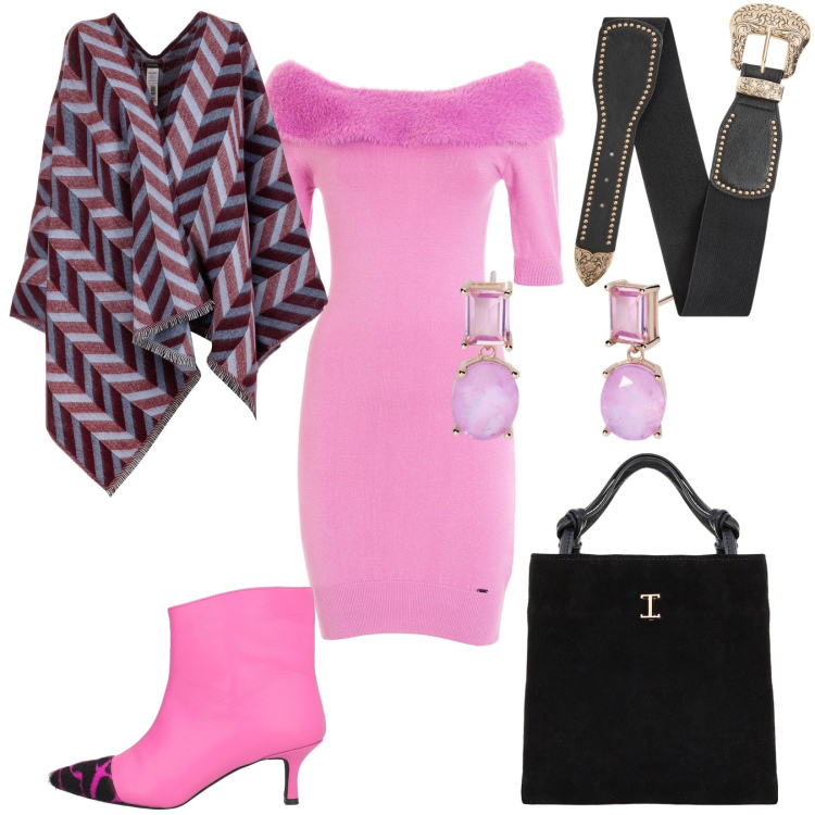 Outfit donna - Mini abito in maglia. Stile Chic per Tutti i giorni. Abbinamento con stivaletti, orecchini, cinture, shopping bag, vestiti, cappe.