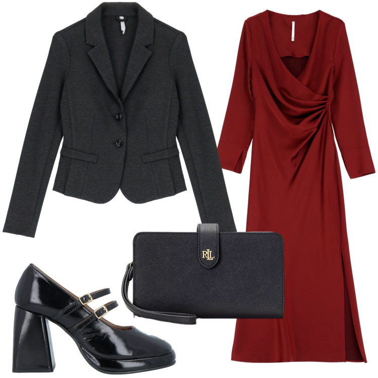 Outfit donna - L\'abito bordeaux a portafoglio. Stile Bon Ton per Serata fuori. Abbinamento con décolleté, vestiti, blazer, pochette.