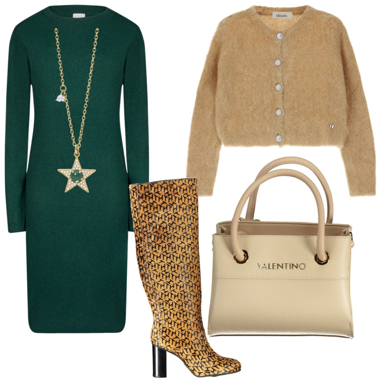 Outfit donna - Cardigan con i bottoni gioiello. Stile Bon Ton per Serata fuori. Abbinamento con collane, cardigans, vestiti midi/longuette, stivali, borse a spalla.