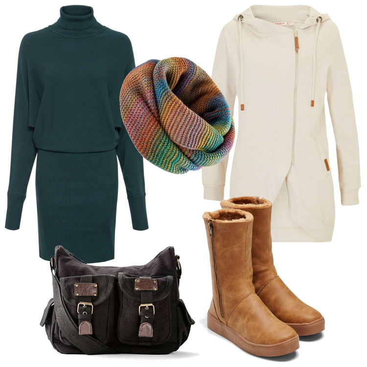 Outfit donna - La sciarpa con colori sfumati. Stile Basic per Tutti i giorni. Abbinamento con vestiti, stivali, foulard, blazer, borse a tracolla.
