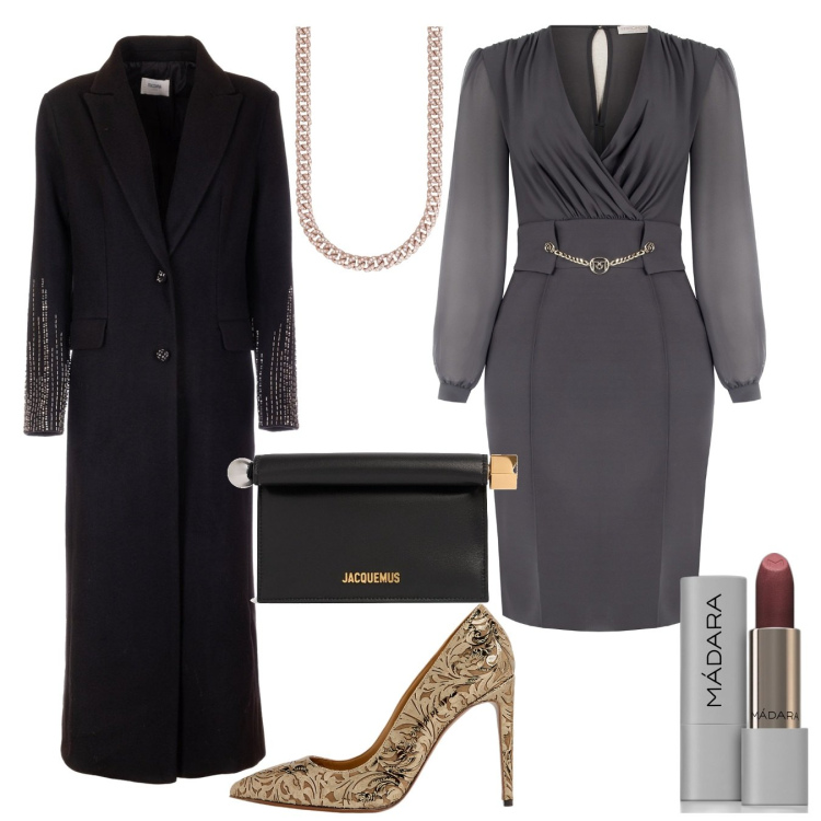 Outfit donna - Grigio e oro. Stile Chic per Cerimonia. Abbinamento con rossetti, collane, vestiti a tubino, cappotti, décolleté, pochette.