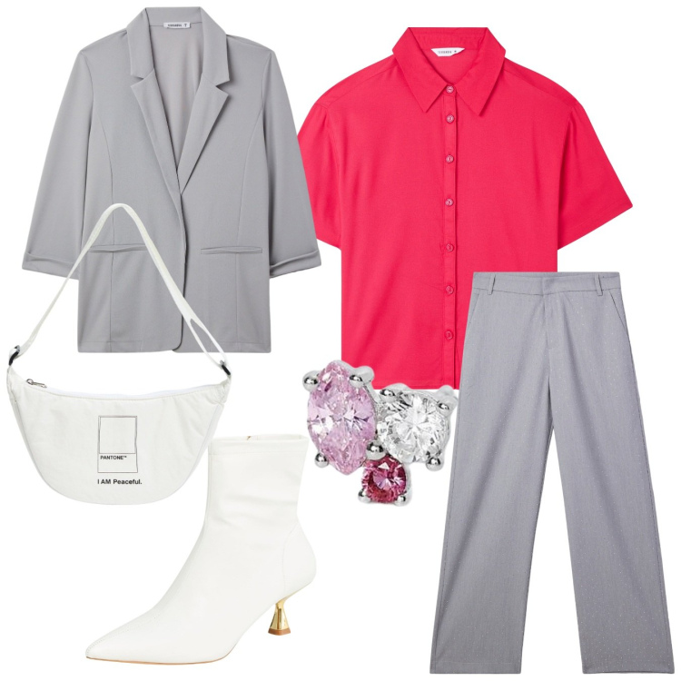 Outfit donna - Completo grigio. Stile Mannish per Tutti i giorni. Abbinamento con stivaletti, marsupi, camicie a manica corta, pantaloni, blazer, orecchini.