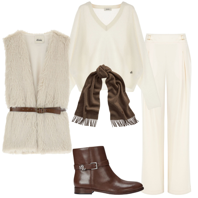 Outfit donna - Raffinato avorio. Stile Casual chic per Serata fuori. Abbinamento con pantaloni a palazzo, pullovers, gilet, sciarpe, stivaletti.