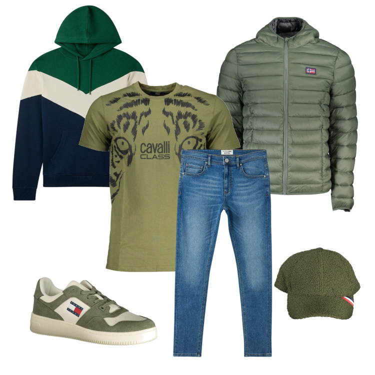 Outfit uomo - Total look #1992823. Stile Casual per Tutti i giorni. Abbinamento con felpe con cappuccio, jeans slim fit, giacche, sneakers, t-shirt, cappelli con visiera.