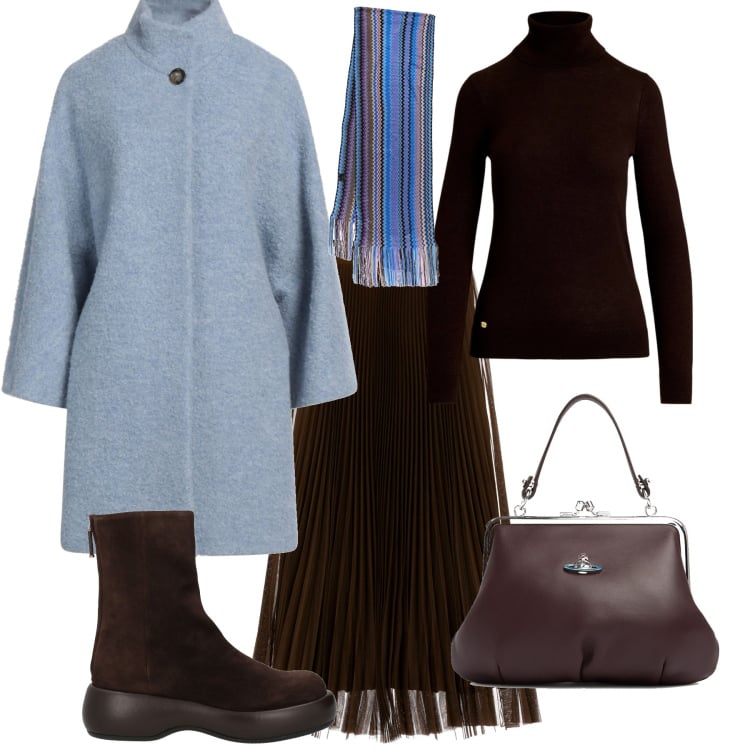 Outfit donna - Total look #1992826. Stile Minimal per Ufficio. Abbinamento con stivaletti, cappotti, gonne, maglieria, borse a mano, sciarpe.