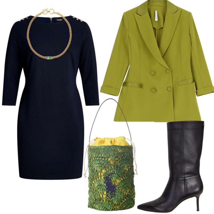 Outfit donna - Blazer verde oliva. Stile Bon Ton per Ufficio. Abbinamento con blazer, stivali, vestiti, borse a secchiello, collane.