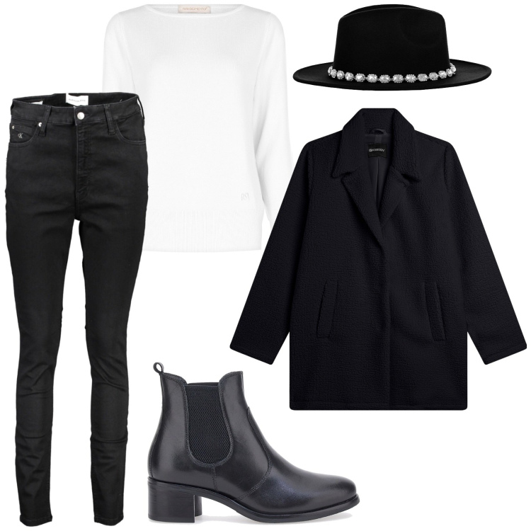 Outfit donna - Total look #1992833. Stile Urban per Tutti i giorni. Abbinamento con maglieria, cappelli, cappotti, stivaletti chelsea, jeans.