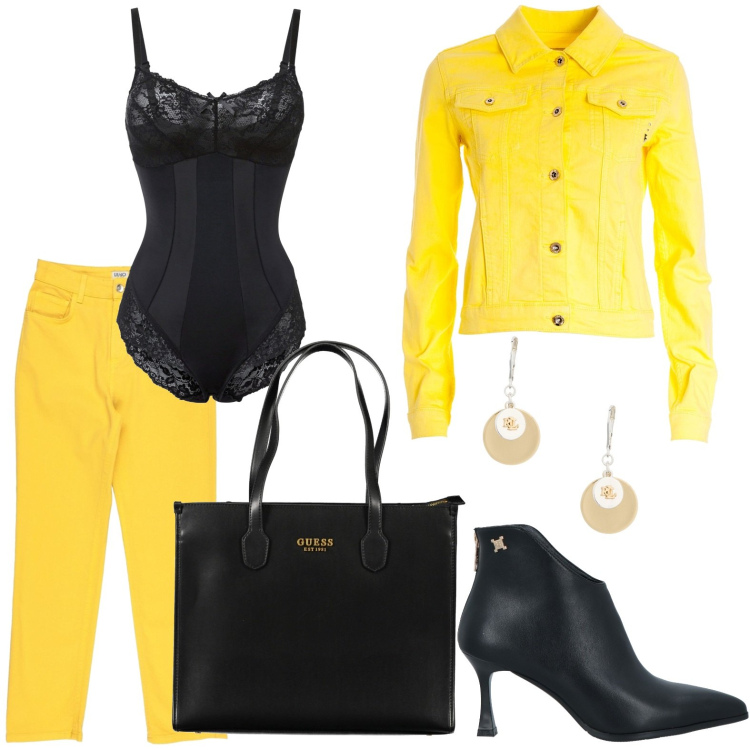 Outfit donna - Lingerie a vista. Stile Bon Ton per Serata fuori. Abbinamento con body, stivaletti, pantaloni, giacche, orecchini, borse a spalla.