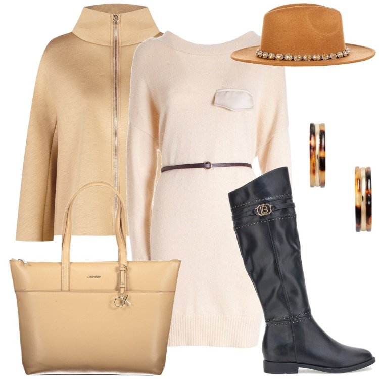 Outfit donna - Cappelli per l\'autunno - Focus donna cur. Stile Casual chic per Tutti i giorni. Abbinamento con cappelli, cappe, vestiti midi/longuette, orecchini, stivali sopra il ginocchio, borse a spalla.