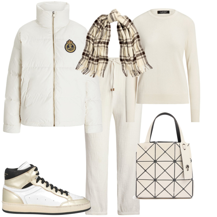 Outfit donna - Total look #1992846. Stile Trendy per Tutti i giorni. Abbinamento con sneakers alte, maglieria, piumini, pantaloni, sciarpe, borse a mano.
