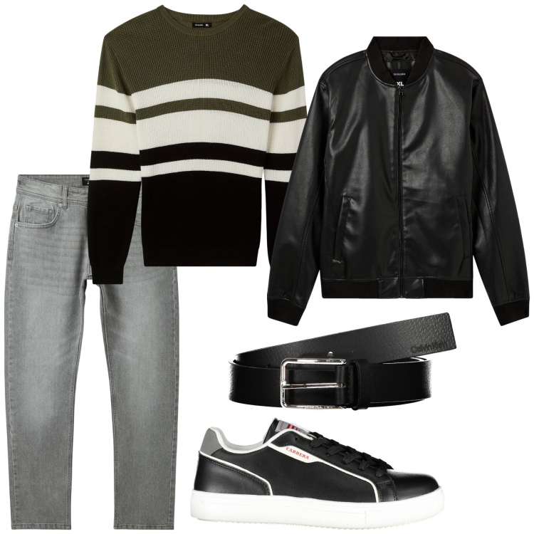 Outfit uomo - Total look #1992853. Stile Casual per Tutti i giorni. Abbinamento con bomber, maglieria, jeans, sneakers, cinture.