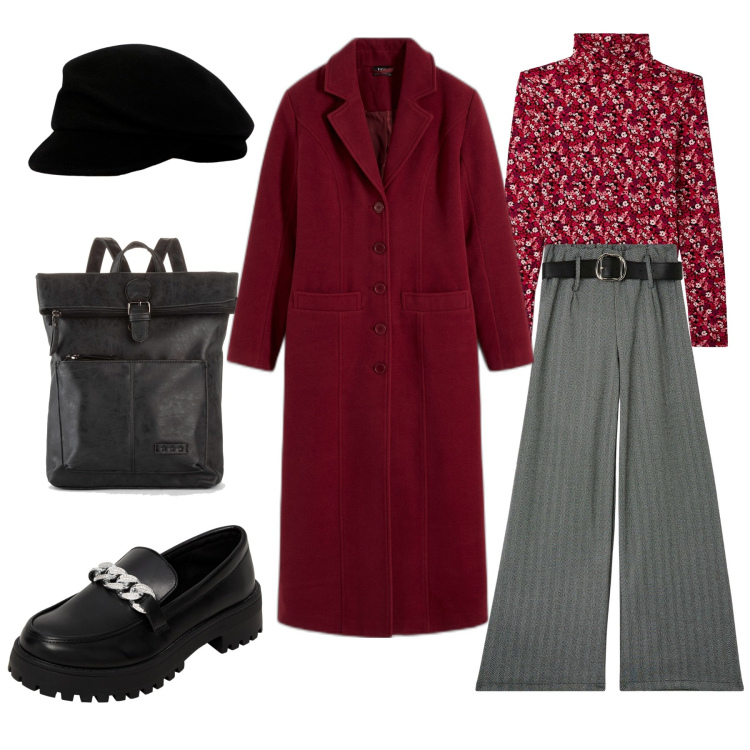 Outfit donna - Il pantalone grigio. Stile Basic per Tutti i giorni. Abbinamento con zaini, cappotti, t-shirt, pantaloni, mocassini, berretti.