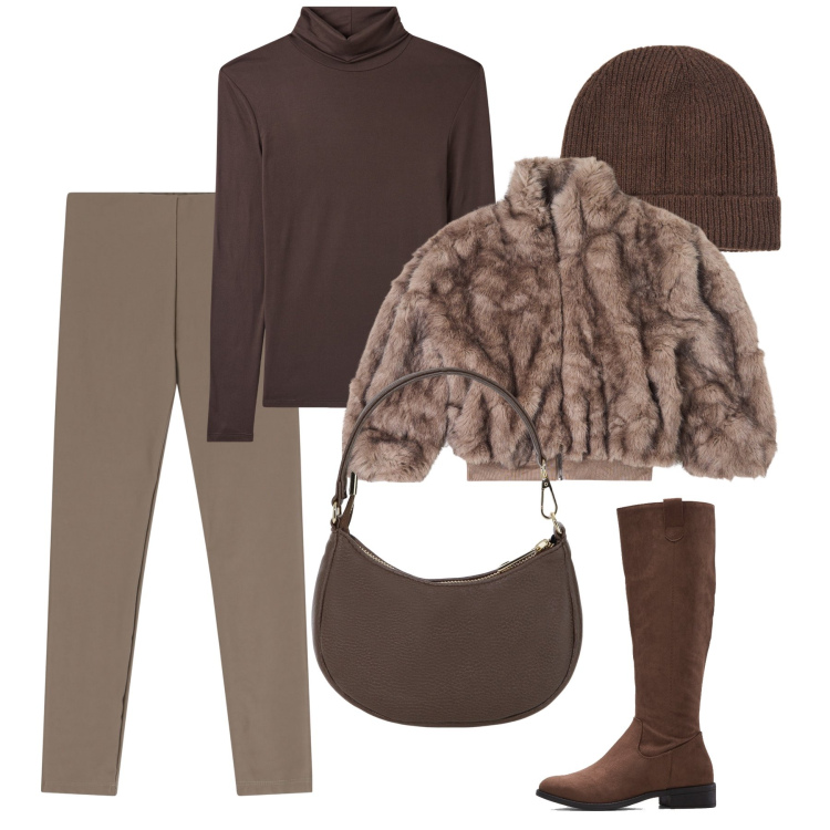 Outfit donna - Il pellicciotto con gli skynny in pelle. Stile Urban per Tutti i giorni. Abbinamento con stivali, ecopellicce, maglieria, berretti, pantaloni skinny, borse a spalla.