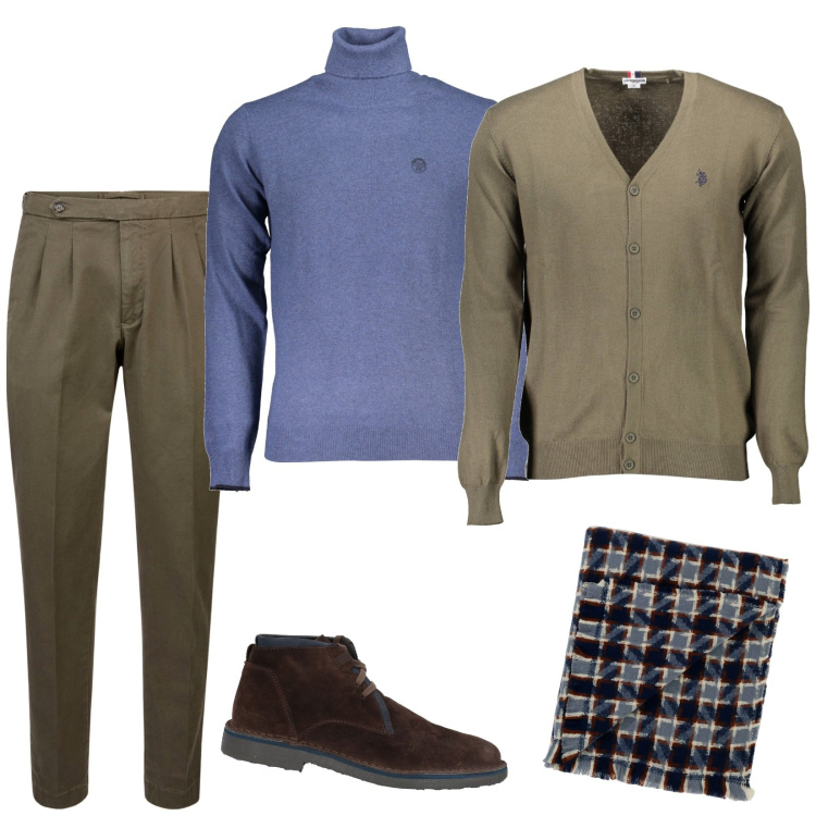Outfit uomo - Cardigan e dolcevita. Stile Trendy per Serata speciale. Abbinamento con stivali e stivaletti, sciarpe, pantaloni, maglieria, cardigans.