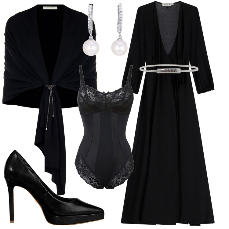 Outfit donna - Serata. Stile Casual chic per Serata fuori. Abbinamento con body, décolleté, stole, vestiti lunghi, orecchini, cinture.