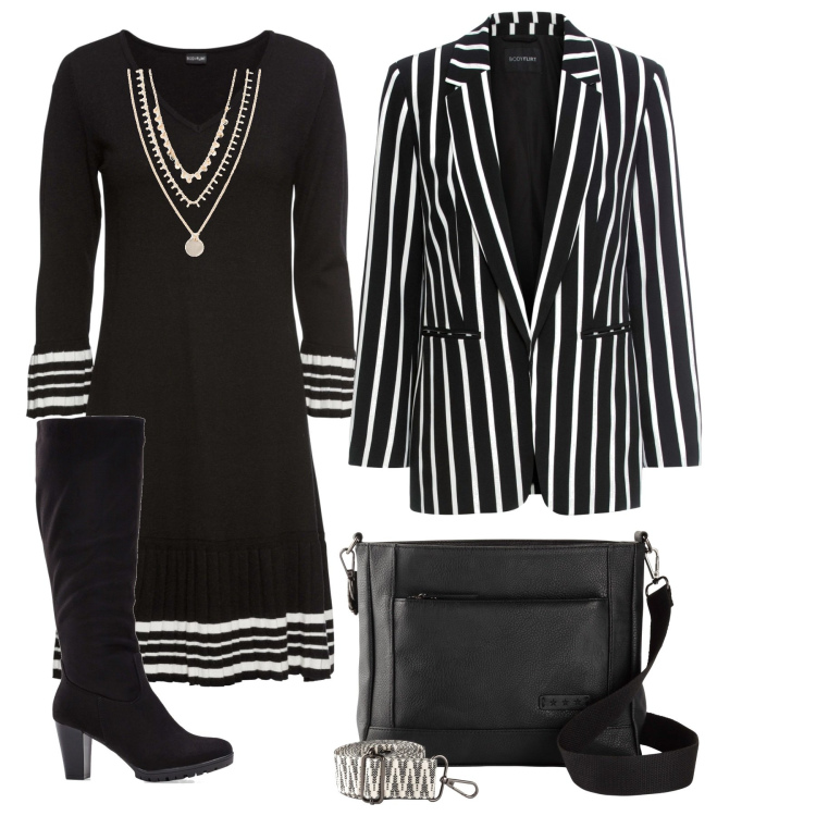 Outfit donna - Bianco, nero, righe, Bonprix. Stile Glamour per Tutti i giorni. Abbinamento con vestiti, blazer, collane, stivali, borse a tracolla.