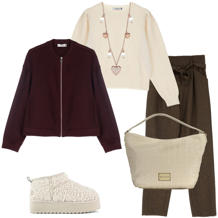 Outfit donna - In ufficio. Stile Glamour per Ufficio. Abbinamento con collane, blazer, pantaloni, pullovers, stivaletti, pochette.