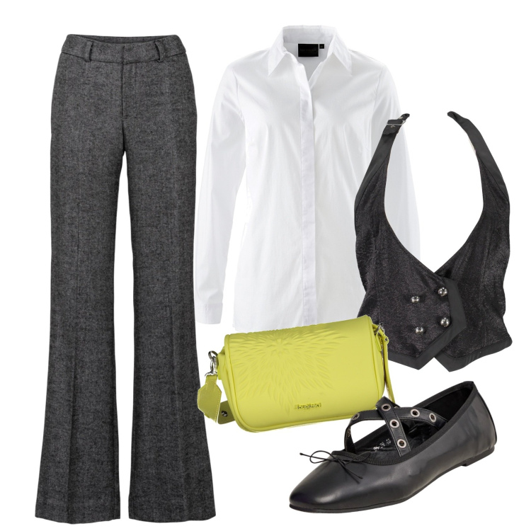 Outfit donna - Autunno in grigio. Stile Casual chic per Ufficio. Abbinamento con pantaloni a palazzo, camicie, ballerine, gilet, borse a spalla.