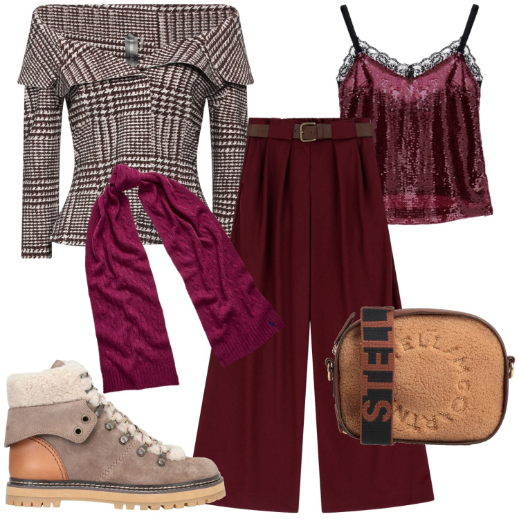 Outfit donna - Total look #1992970. Stile Casual per Tutti i giorni. Abbinamento con stivaletti, blazer, borse a tracolla, canottiere, pantaloni a palazzo, sciarpe.