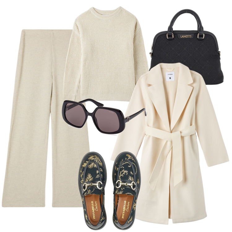 Outfit donna - Pantaloni in maglia&mocassini couture. Stile Trendy per Tutti i giorni. Abbinamento con pantaloni, cappotti, maglieria, mocassini, borse a spalla, occhiali da sole.
