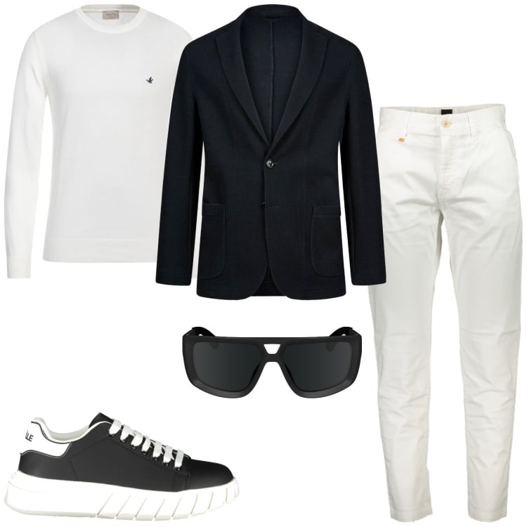 Outfit uomo - Total look #1992979. Stile Casual per Ufficio. Abbinamento con pullovers, giacche, occhiali da sole, pantaloni, sneakers.