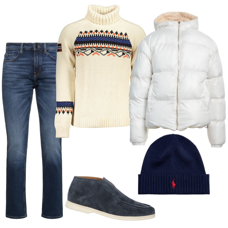 Outfit uomo - Giro in montagna. Stile Casual per Tutti i giorni. Abbinamento con piumini, stivali e stivaletti, berretti, jeans, maglieria.