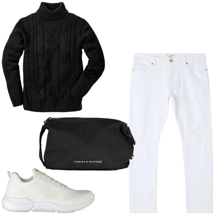 Outfit uomo - Total look #1992984. Stile Casual per Tutti i giorni. Abbinamento con maglieria, jeans strappati, sneakers, borse sportive.