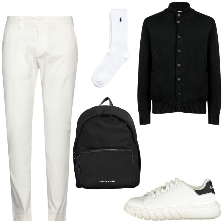 Outfit uomo - Total look #1992985. Stile Casual per Tutti i giorni. Abbinamento con pantaloni chino, calzini, sneakers, borse sportive, cardigans.