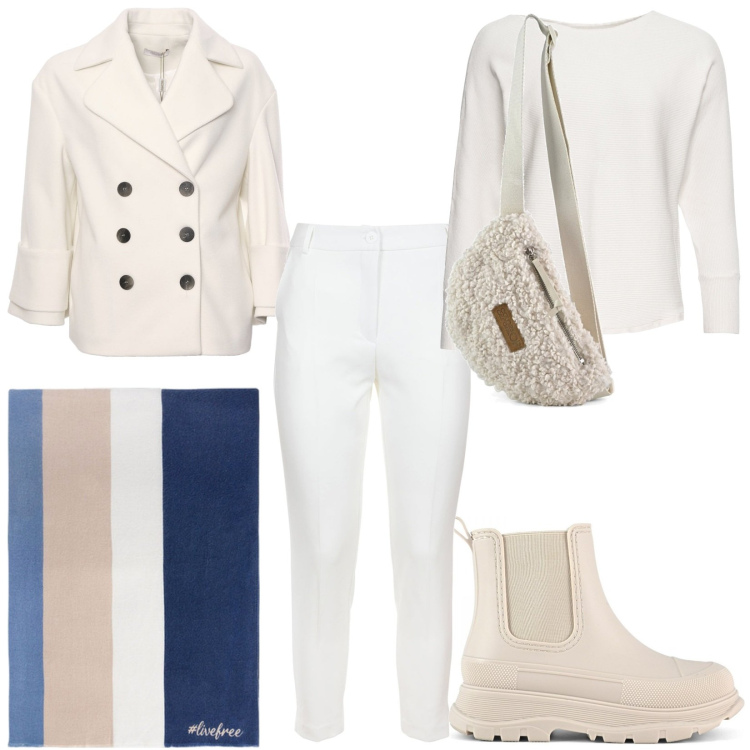 Outfit donna - Chino slim in tessuto tecnico. Stile Casual per Tutti i giorni. Abbinamento con maglieria, cappotti, pantaloni, stivali, marsupi, sciarpe.