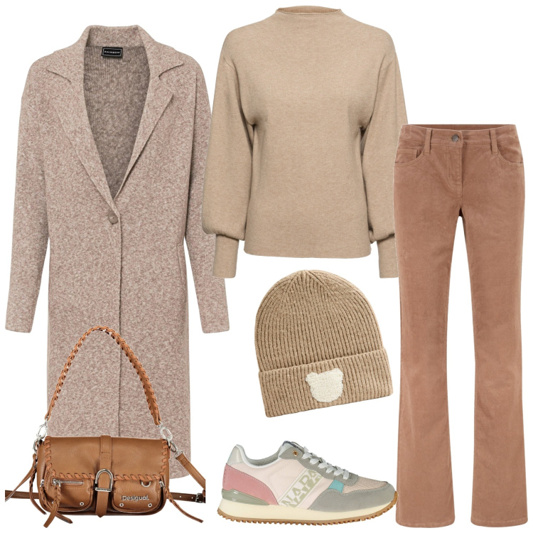 Outfit donna - Tono su tono. Stile Sporty chic per Tutti i giorni. Abbinamento con pantaloni, cappotti, maglieria, berretti, sneakers, borse a spalla.