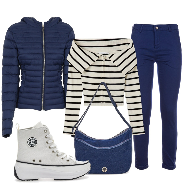 Outfit donna - Marinière. Stile Casual per Tutti i giorni. Abbinamento con cardigans, piumini, pantaloni, sneakers, borse a tracolla.