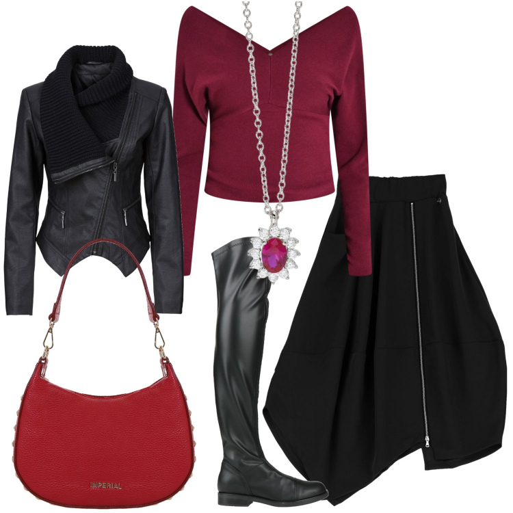 Outfit donna - Lo stivale sopra il ginocchio. Stile Casual per Serata fuori. Abbinamento con stivali sopra il ginocchio, blazer, collane, maglieria, gonne longuette, borse a spalla.
