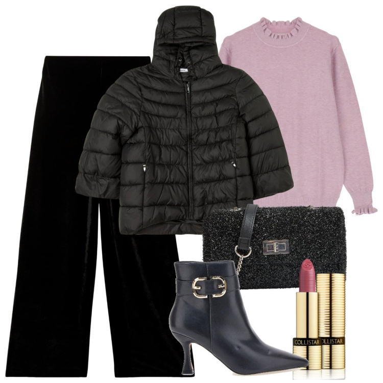 Outfit donna - Da mattina a sera. Stile Casual chic per Ufficio. Abbinamento con rossetti, blazer, pantaloni, borse a tracolla, maglieria, stivaletti.