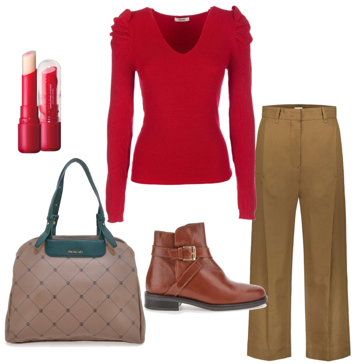 Outfit donna - I pantaloni basic. Stile Basic per Tutti i giorni. Abbinamento con rossetti, maglieria, pantaloni, stivaletti, borse a spalla.