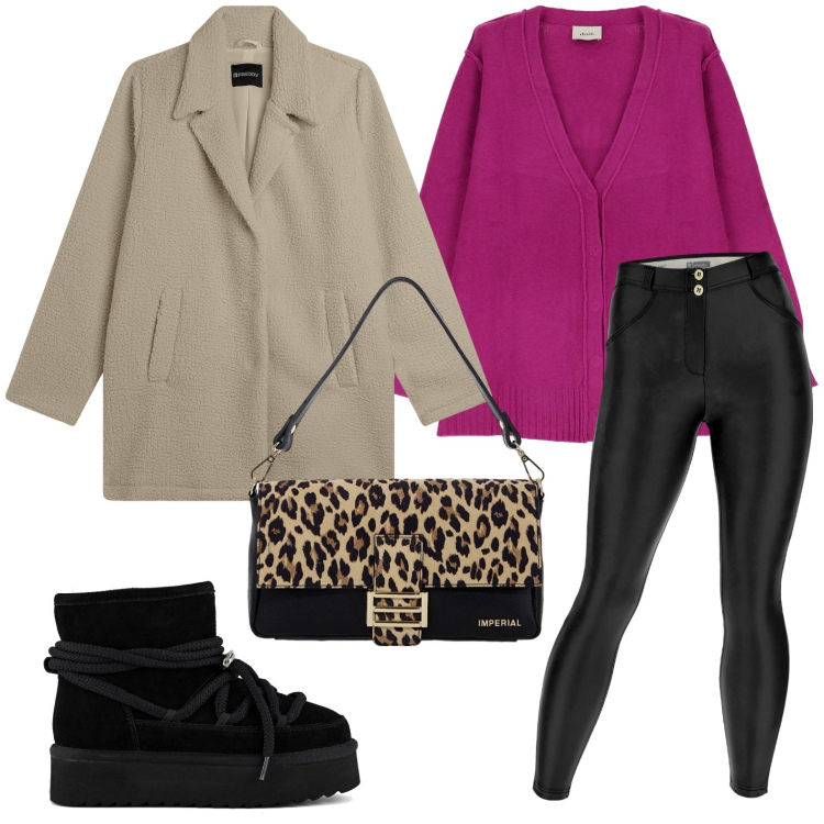 Outfit donna - Skinny al parco. Stile Casual per Tutti i giorni. Abbinamento con borse a spalla, pantaloni skinny, cappotti, cardigans, stivaletti.