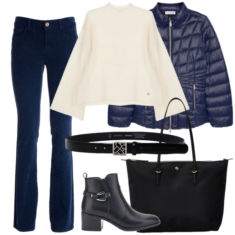 Outfit donna - I pantaloni per l\'autunno. Stile Basic per Tutti i giorni. Abbinamento con pantaloni, pullovers, cinture, borse tote, stivaletti, piumini.