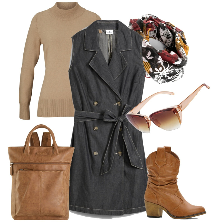 Outfit donna - Total look #1993069. Stile Casual per Tutti i giorni. look ideale per Petite. Abbinamento con zaini, stivaletti texani, occhiali da sole, maglieria, vestiti, foulard.