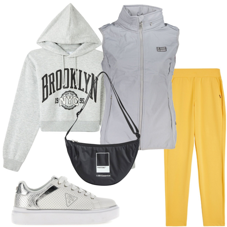 Outfit donna - Pantaloni sportivi per il tempo libero. Stile Sporty chic per Sport. Abbinamento con marsupi, felpe con cappuccio, pantaloni, sneakers, blazer.