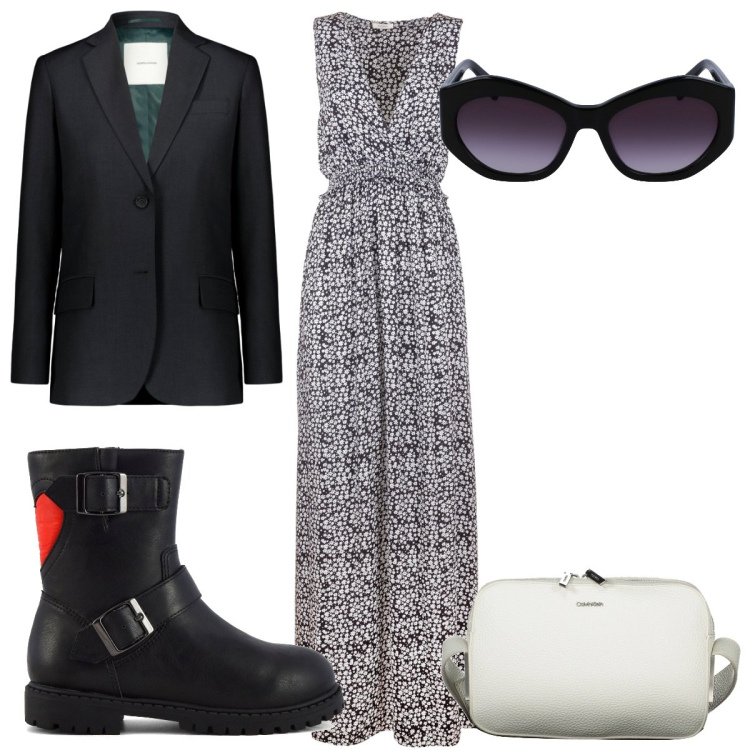 Outfit donna - Total look #1993076. Stile Trendy per Tutti i giorni. Abbinamento con vestiti lunghi, stivaletti, blazer, borse a tracolla, occhiali da sole.