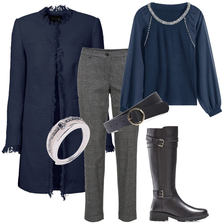 Outfit donna - Total look #1993077. Stile Chic per Serata fuori. Abbinamento con blazer, stivali, pantaloni, anelli, cinture, maglieria.