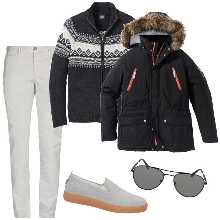 Outfit uomo - Il maglione caldissimo. Stile Trendy per Tutti i giorni. Abbinamento con parka, cardigans, pantaloni, sneakers, occhiali da sole.