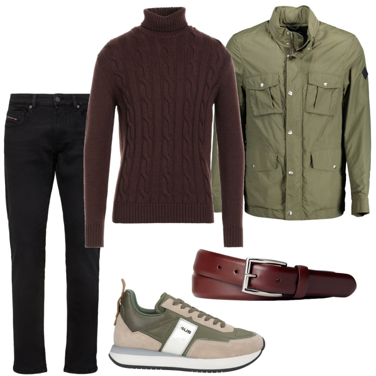 Outfit uomo - Total look #1993094. Stile Casual per Tutti i giorni. Abbinamento con sneakers, maglieria, cinture, trench, jeans slim fit.