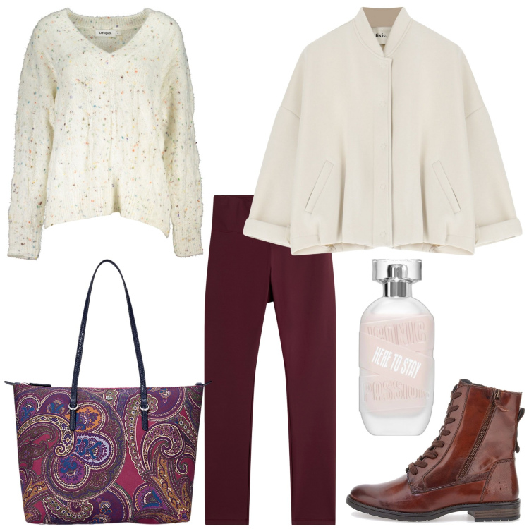 Outfit donna - Autunno pants. Stile Basic per Tutti i giorni. Abbinamento con profumi, bomber, leggings, borse tote, anfibi, maglieria.