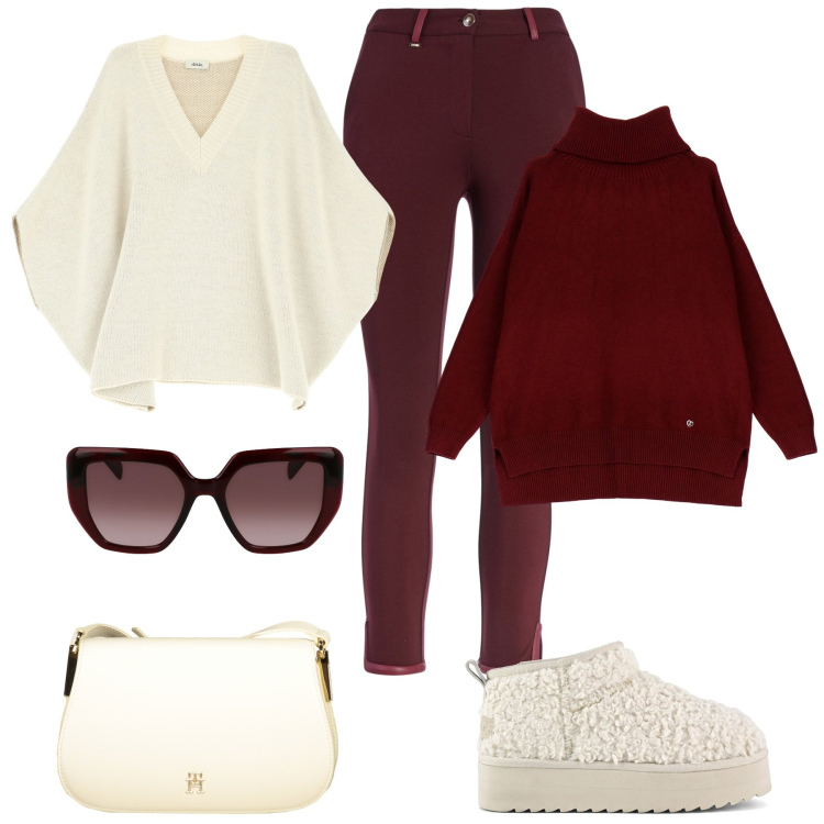Outfit donna - Maglieria avvolgente. Stile Casual chic per Tutti i giorni. Abbinamento con pantaloni skinny, maglieria, cappotti, stivaletti, occhiali da sole, borse a tracolla.
