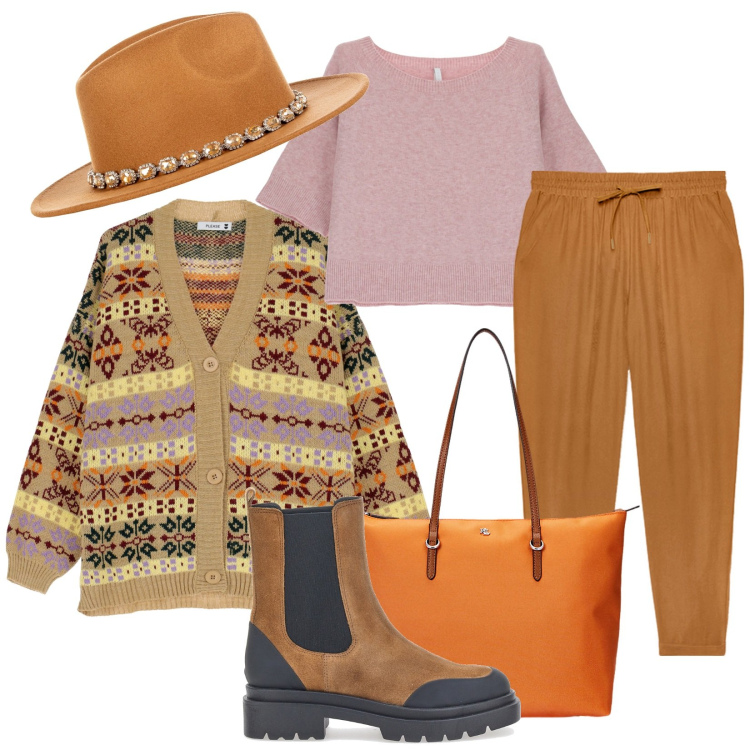Outfit donna - Capello autunnale. Stile Casual per Tutti i giorni. Abbinamento con cardigans, cappelli, maglieria, borse tote, stivaletti chelsea, pantaloni.