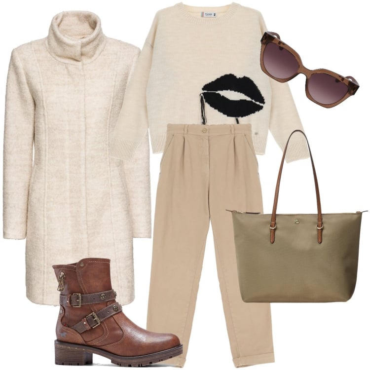 Outfit donna - La felpa con il bacio. Stile Trendy per Tutti i giorni. Abbinamento con cappotti, stivaletti, maglieria, pantaloni chino, borse tote, occhiali da sole.