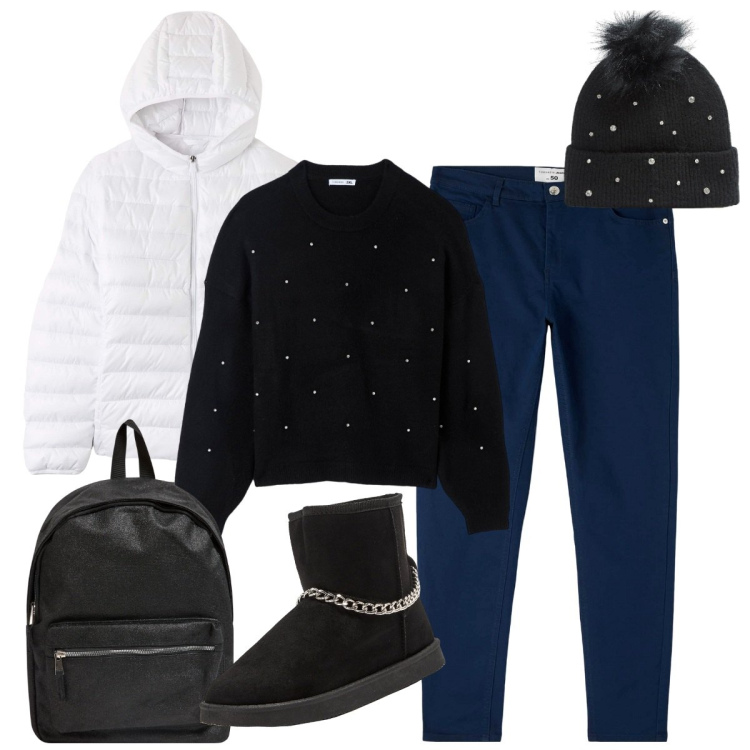 Outfit donna - Il berretto con gli strass-Sopra la 50. Stile Casual chic per Tutti i giorni. Abbinamento con zaini, blazer, pantaloni, stivaletti, maglieria, berretti.