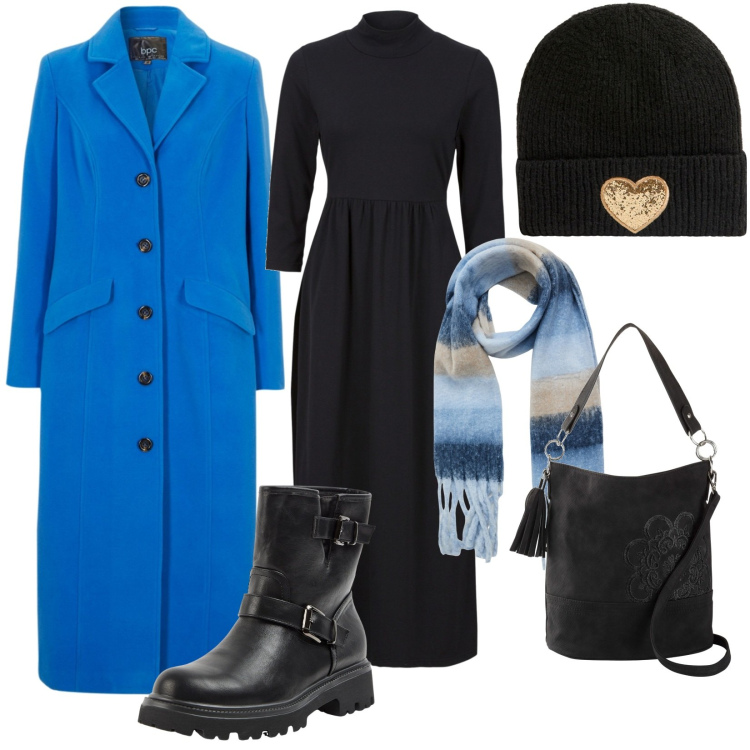 Outfit donna - Total look #1993128. Stile Casual per Ufficio. Abbinamento con borse a mano, vestiti midi/longuette, cappotti, sciarpe, stivaletti, berretti.