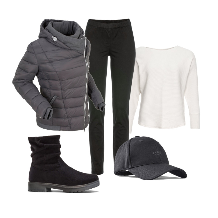 Outfit donna - Total look #1993130. Stile Casual per Scuola/Università. look ideale per Tall. Abbinamento con maglieria, cappelli con visiera, pantaloni, stivaletti, giacche.